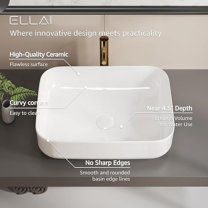ELLAI Bathroom Vessel Sink Rectangle Above Counter Porcelain Ceramic Top Mount Rectanglar Countertop Sink for Bathroom 19.7"x15.2"x5.4" Glossy White with Pop Up Drain