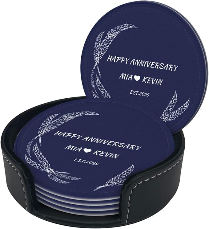 Customized Coasters Set of 6, Custom Brown PU Coasters with Name and Year 2025, Customize Coaster Set for Couples, Housewarming Gift for Couples New Home, Leather Coaster for Anniversary