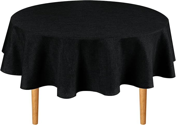 Hiasan Black Round Linen Tablecloth 60 Inch - Wrinkle and Stain Resistant Washable Polyester Fabric Table Cloth for Dining Room Kitchen Party