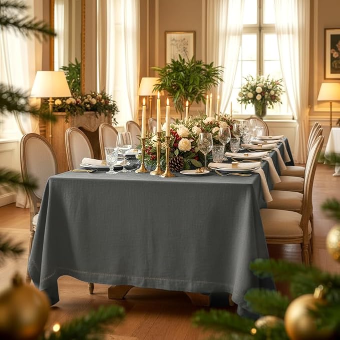 D'Moksha Homes Charcoal Grey Linen Tablecloth for Rectangle Tables 60 x 102 Inch - Classic Hemstitch 100% Pure Linen Grey Table Cloth - Machine Washable Dining Tablecloth for Spring, Easter