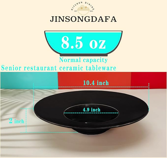 Ceramics Rimmed Soup Bowls 8.5 oz, Black 10.4 inch Exquisite small soup plate Set of 4, Pasta plates With Rim is the best choice for hotels, kitchens, fine restaurants and gourmets