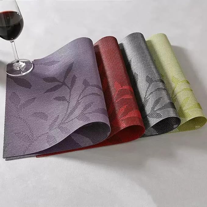 Leaf Placemats Set of 8 Non-Slip Heat-Resistant Vinyl Washable Place Mats for Kitchen Table Indoor Outdoor Durable (18"x12", Black)