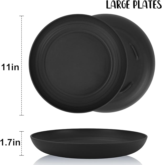 8 Pcs 11 Inch Wheat Straw Plates, Unbreakable Dinner Plates Reusable, Microwave Safe for Kitchen, Set of 8 (Black)