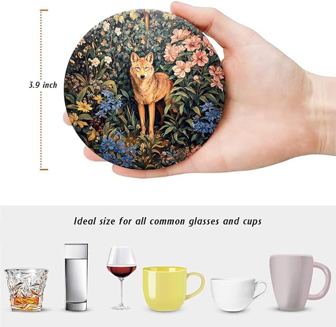 Drink Coasters for Drinks Set of 6, Vintage Botanical Floral Wild Animals Absorbent Round Ceramic Stone Mat Coaster, with Cork Base and Metal Holder, Home Bar Decor House Warming Gift