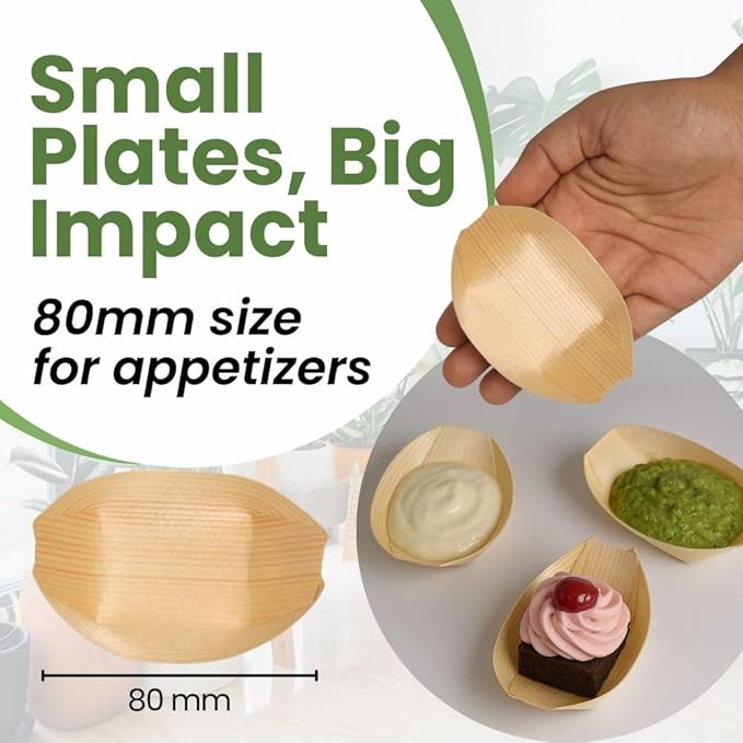 Dtocs Disposable Wooden Boat Plates 100 Pc – 80 mm Biodegradable Wood Serving Boats | Eco-Friendly Food Boats for Sushi, Desserts, Dips, Sauces | Alternate to Plastic, Bamboo, Paper Plates