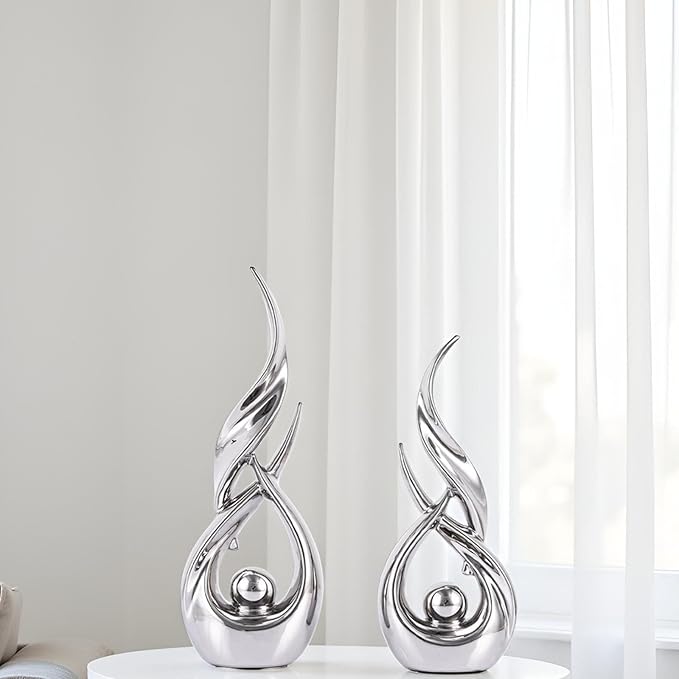XMGZQ Gold Ceramic Abstract 2 Piece Statue Set,Mid Century Modern Abstract Art Home Decor Statue Mantelpiece on Unique Shelf Decor, TV Cabinet Divider Table top and Dining Table Centerpiece (Silver)
