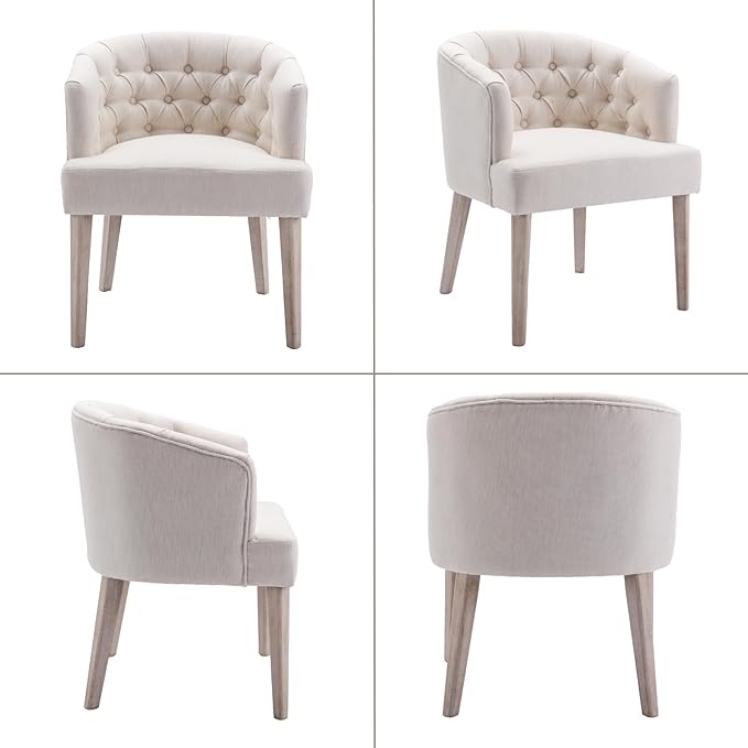 Mid-Century Dining Chairs Set of 6, Tufted Upholstered Linen Dining Room Chairs Comfy Side Chair Armchair Guest Chair with Wooden Legs for Dining Room Living Room, Beige