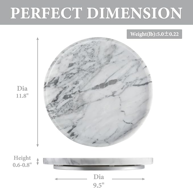 Koville Italian Natural Marble Lazy Susan, Round Marble Turntable Organizer for Spices, Rotating Cheese Board for Dining Table Display, Kitchen Countertop Spinning Serving Tray-Arabescato(White)