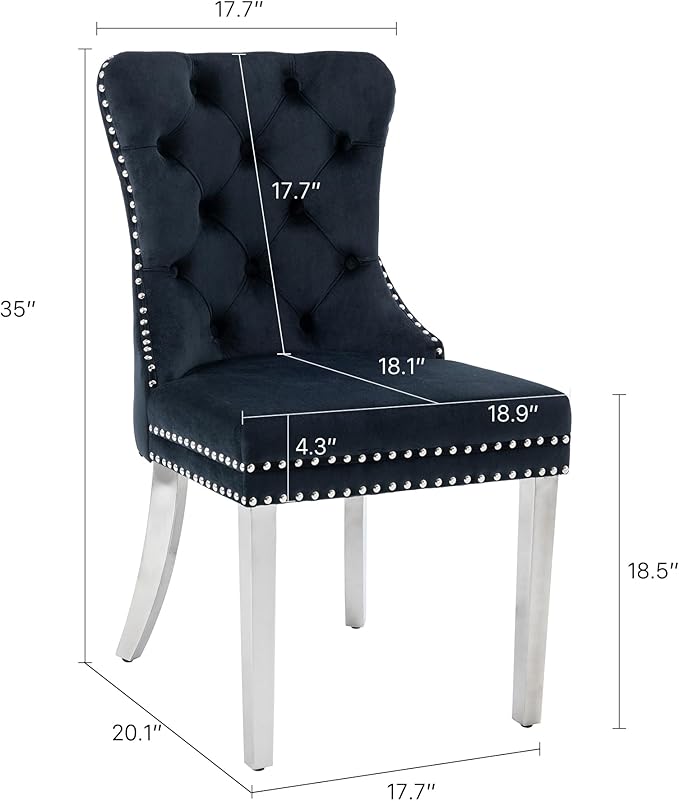 KCC Velvet Dining Chairs Set of 6, Upholstered High-end Tufted Dining Room Chair with Nailhead Back Ring Pull Trim Stainless Steel Legs, Contemporary Nikki Collection Modern Style for Kitchen, Black