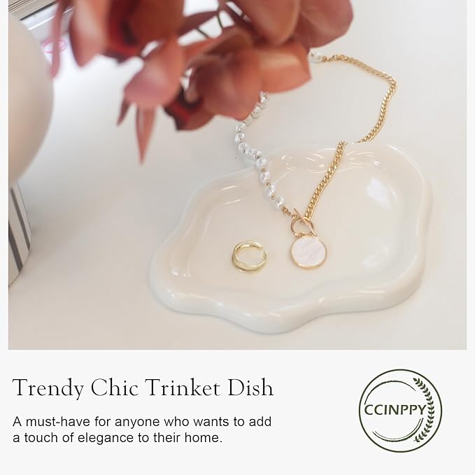 Ceramic Jewelry Tray Trinket Dish, Decorative Cloud Vanity Key Tray for Women, Ring Holder Dish, Cute Jewelry Plate Bowl Room Decor Aesthetic, White, Large