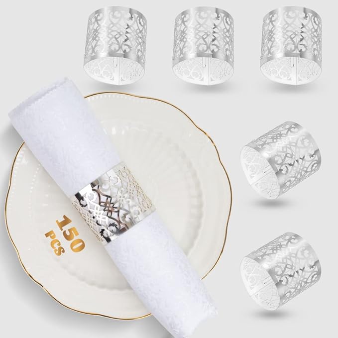 150PCS Premium Napkin Rings Laser Cut Foil Paper Napkin Holder for Wedding Party Dinner Table Decor,Special Events and Catering Services (Silver)