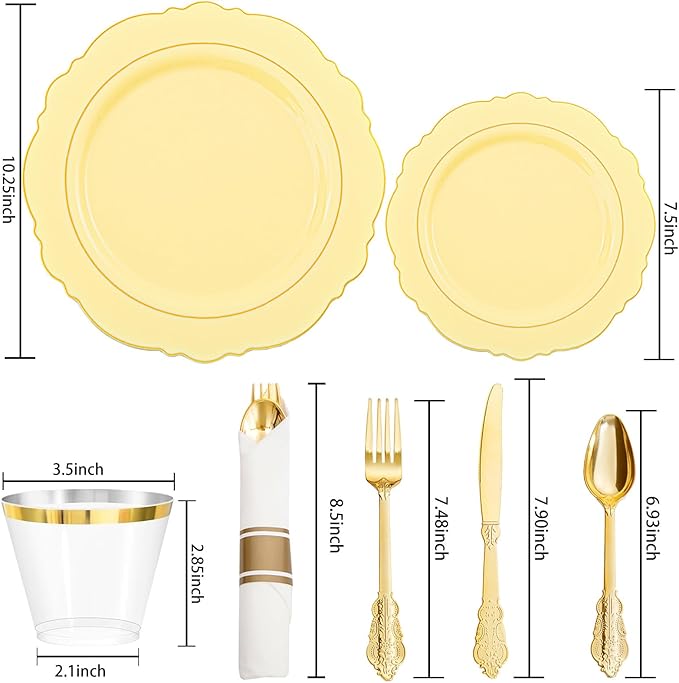 Liacere 350PCS Yellow Plates - Yellow Disposable Plastic Plates With Gold Rim-50Guest Plastic Dinnerware include 100 Plates,50 Pack Pre Rolled Napkins with Silverware 50Cups for Wedding＆Easter Day