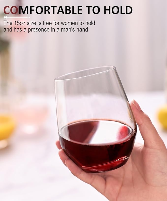 Stemless Wine Glasses Set of 4, Red White Wine Glasses, No Stem, Clear, 15oz, Premium Crystal Sturdy Drinking Glass for Daily Use, Birthday, Wedding, Home Party, Anniversary, Shower Gift