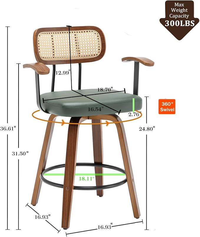 Rattan Swivel Bar Stools Set of 2,Green Faux Leather Counter Height Barstools with Arms Rattan Backrest/Wooden Legs,Mid Century Modern Bar Chairs for Kitchen/Dining Room/Bar