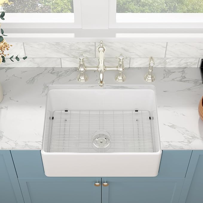 Sarlai 30 White Farmhouse Kitchen Sink - 30 x 20 Inch Kitchen Sink Apron Front Farm Style Sink White Ceramic Porcelain Fireclay Single Bowl Farm Sink Basin