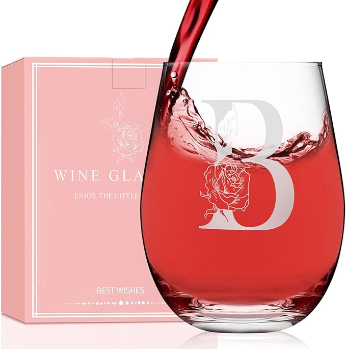 Valentines Day Gifts for Her, Gifts for Women Her Friend Mom Grandma Wife Sister Bridesmaid Nurse, Birthday Galentines Mothers Day Christmas, Personalized Initial Customized Wine Glasses 18OZ(B)