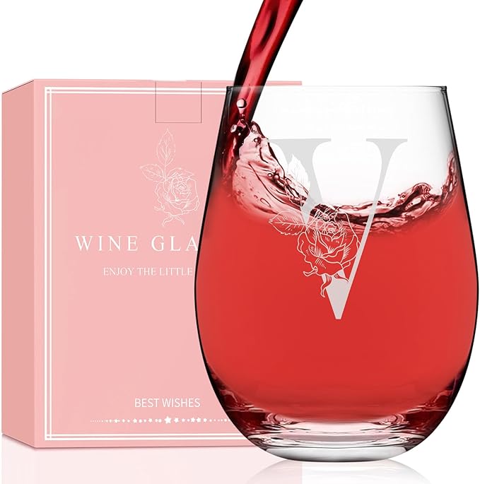 Valentines Day Gifts for Her, Gifts for Women Her Friend Mom Grandma Wife Sister Bridesmaid Nurse, Birthday Galentines Mothers Day Christmas, Personalized Initial Customized Wine Glasses 18OZ(V)