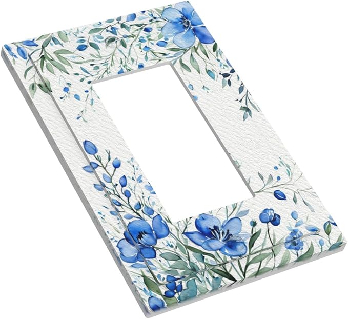 Outlet Covers Blue Watercolor Flowers Retro Floral Leaves 1 Gang Wall Plate Single Rocker Light Switch Cover Decorative GFCI Receptacle Electrical Switchplate for Bathroom Bedroom Decor（2 Pack）