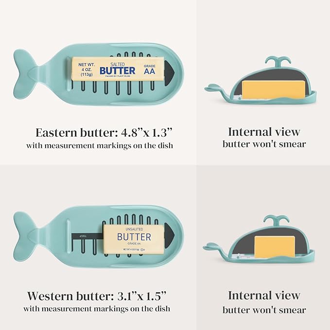 DOWAN Whale Butter Dish, Cute Butter Dish, Funny Gifts for Mom Wife Friends, Fish Bone Cutting Measuring Lines and Tail Non-slip Design, Ideal Decor Gift for Birthday Wedding Housewarming, Turquoise