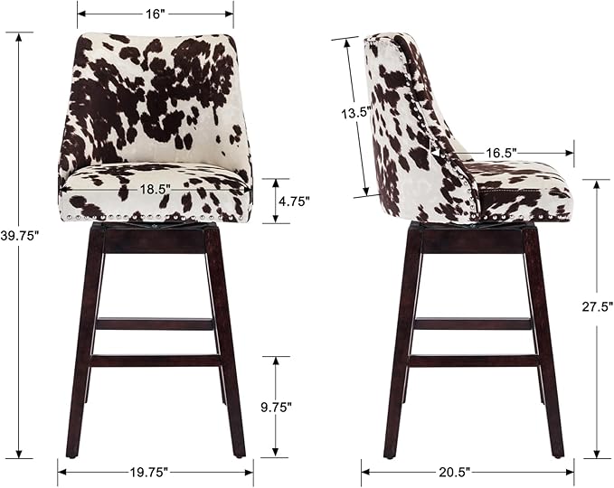 Counter Height Bar Stools Set of 2, Velvet Swivel Kitchen Stool Chairs with Back Mid Century Modern Barstool with Distressed Wood Legs for Dining Bar, Cow