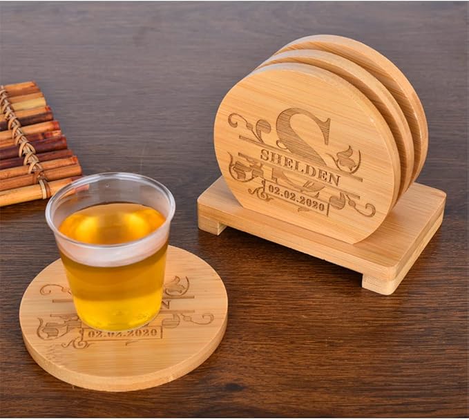 Personalized Bamboo Coasters, Custom Engraved Monogram Coasters with Holder, Great Gifts for Relatives, Friends or Yourself (Set of 4)