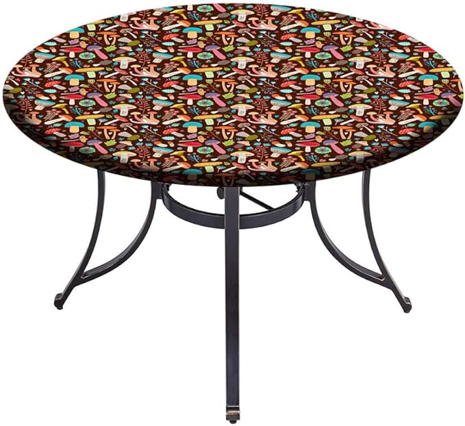 Small Round Tablecloth, Mushrooms Washable Polyester Table Cloth for, Attractive Various Cartoon Leaves and Mushrooms Graphic, Fit Round Tables 32inch Diameter, for Xmas/Parties/Home, Brown