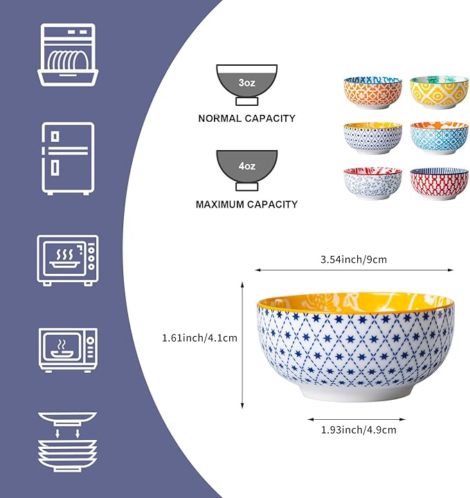 Ceramic Dipping Bowls Set - Mini 4 Oz Dessert Bowls - Small 3.5 Inch Porcelain Bowls for Side Dishes, Snack, Yogurt, Appetizer - Microwave Dishwasher Safe - Set of 6 - Assorted Colors