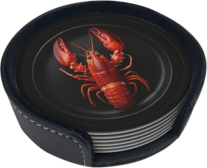 Lobster red Printed Leather Coasters for Drinks, Set of 6 Drink Coaster Dining Room Decor Cup Coasters