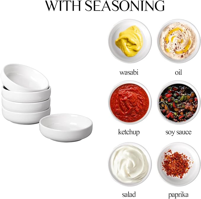 DELLING 8 PACK Dipping Bowls Set, Ceramic Dipping Sauce Dishes, 3.5 Oz Soy Sauce Dish, Side Dish Bowls, Small Bowl/Dish for BBQ, Condiments, Appetizer, Dessert, Sushi, Party - White