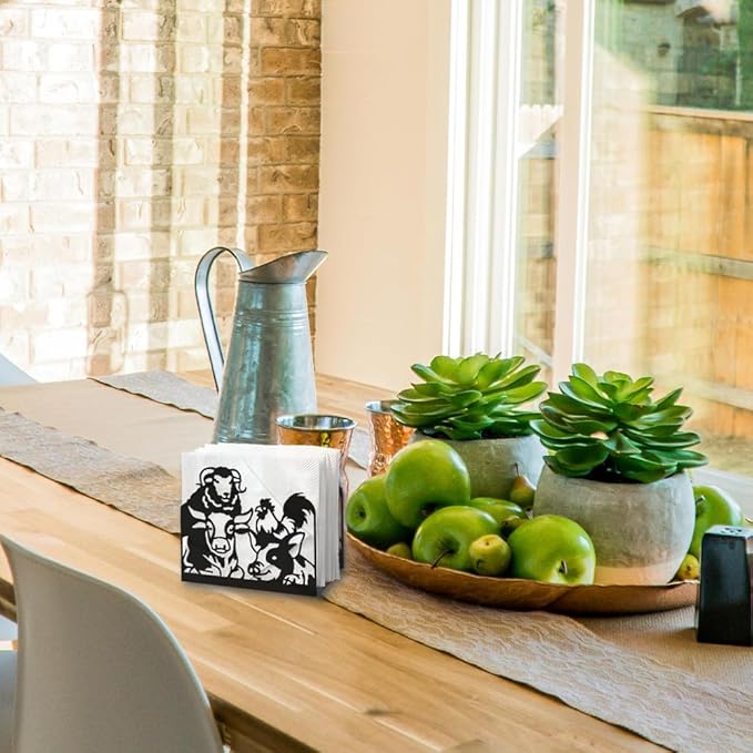 Farm Animals Decorative Black Metal Napkin Holder for Table, 5.3" x 4.5" x 2" Pig Sheep Chickens Cow Standing Napkin Holder for Home Kitchen Restaurant Picnic Party Coffee Bar Dining Room
