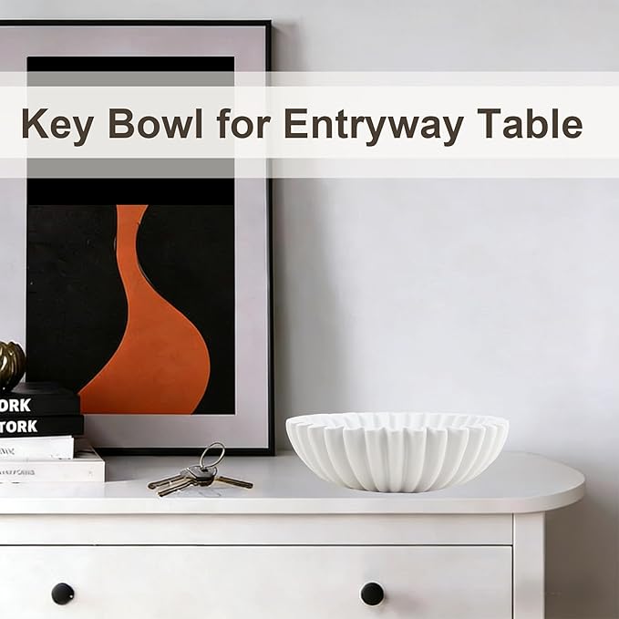 Large Modern Decorative Bowl, Fruit Bowl for counter, Modern Home Decor, Ruffle Bowl for Kitchen Counter Coffee Table, Key Bowl for Entryway Table, 10", White