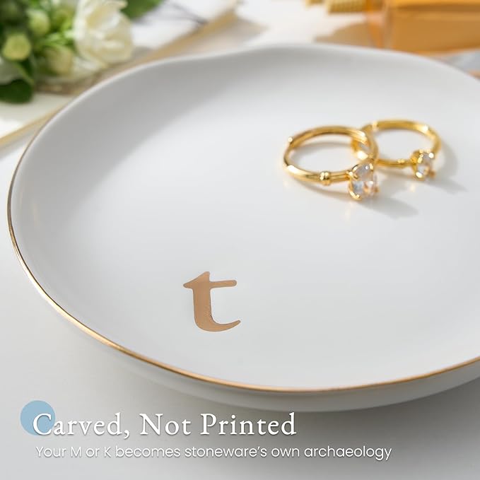 Lolalet Handmade Ceramic Ring Dish Jewelry Tray Plate with Initial, Small Monogram Gift for Her Women Girls Mother, Hostess, Engagement, Bridal Shower, Maid of Honor, Bridesmaid, Birthday, Christmas