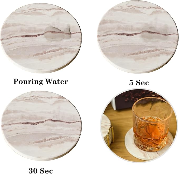 6Pcs Drink Coasters with Holder, Round Marble Style Ceramic Drink Coaster, Absorbent Coaster Set for Home Decor Tabletop Protection, Suitable for Kinds of Cups, Housewarming Gift, 4 Inches