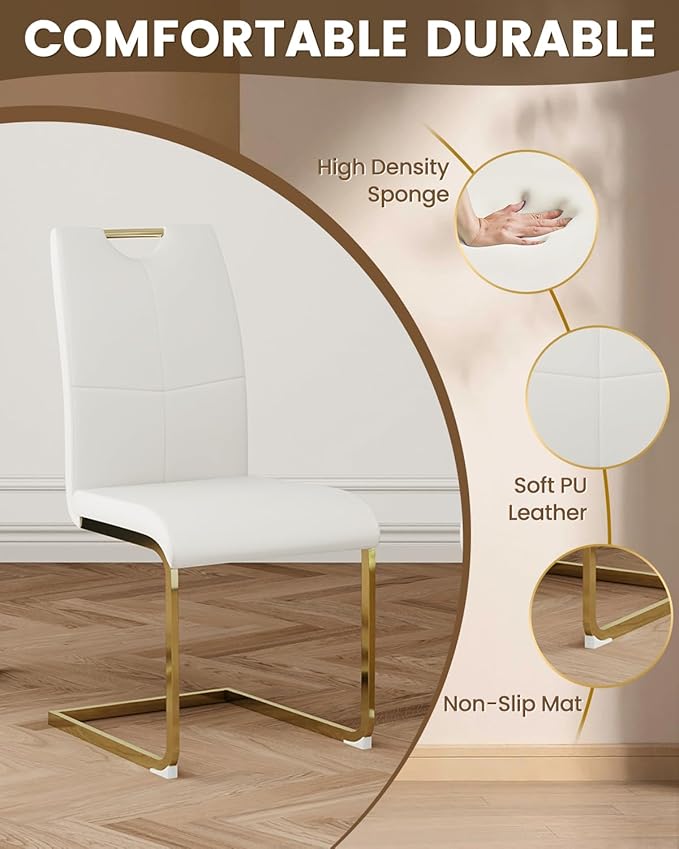 47.2" Round Glass Dining Table Set for 6, Modern 7 Piece Kitchen Table Set with Gold Stainless Steel Base & 6 PU Leather Accent Chairs, Saving Space, Dining Set for Apartment, Home - White Chair