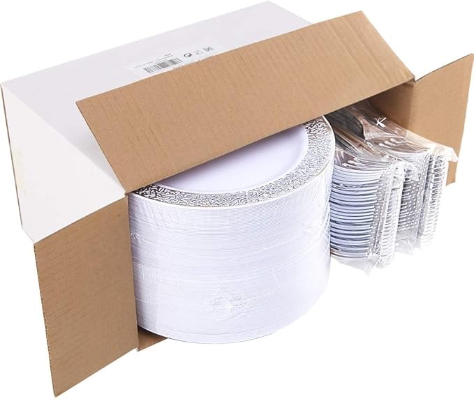 WDF 100pcs Silver Plastic Dessert Plates 7.5" with 100 Pieces Disposable Forks 7.4", Silver Plates Appetizer Plates Small Plates, Fancy Salad Plate and Cake Plate for Party Wedding Valentine's Day