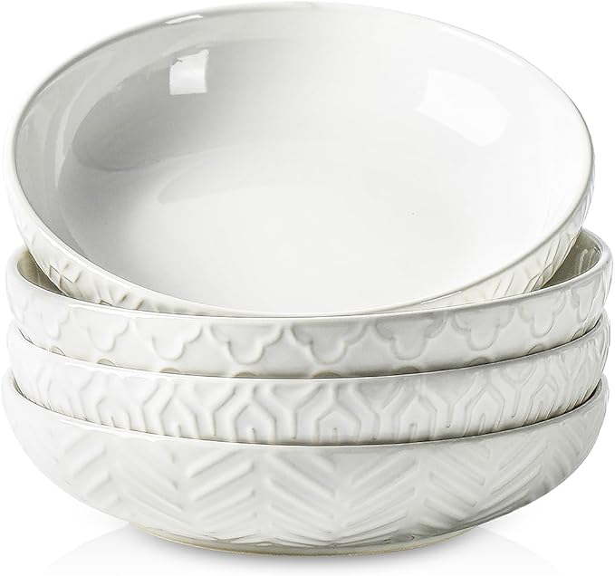 Sureasy Pasta Bowls Set of 4-30oz Large Ceramic Embossed Bowl Plates, 8.5 Inch Wide and Shallow Plate Bowls, Salad Bowl, Microwave, Oven & Dishwasher Safe, White