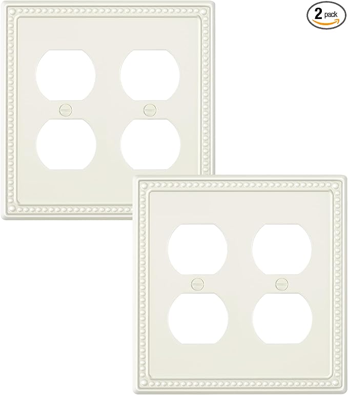 2-Pack Double Duplex Outlet Cover, Metal Switch Plates and Outlet Covers, Light Almond Pearls Decorative Wall Plates for Electrical Outlets, 2 Gang Receptacle Cover, Corrosion Resistant