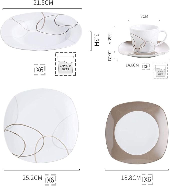 VEWEET 'Nikita' 30-Piece Dinner Set Ivory White Brown Lines Porcelain China Ceramic Combination Sets of Dessert Plates/Soup Plates/Dinner Plates/Cups/Saucers Service for 6