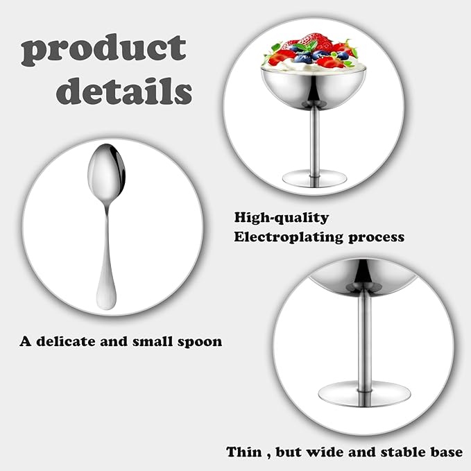 Ice Cream Bowls Stainless Steel Dessert Cups with Spoons Reusable Footed Sundae Cups Ice Cream Cups for Dessert, Frozen Yogurt, Gelato, Birthday Party Decorations (1, Silve)