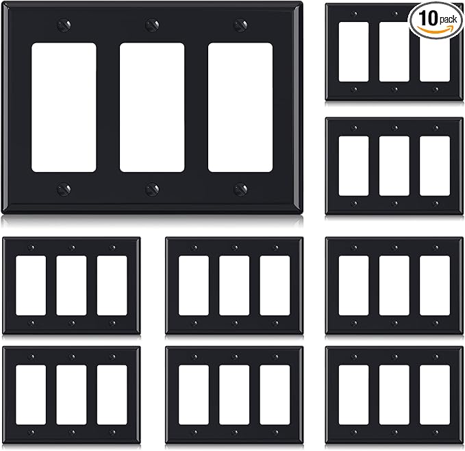 ELEGRP 3-Gang Decorative Wall Plates, Standard Size 4.88" H x 6.75" L Unbreakable Thermoplastic Faceplate Cover for Decorator Receptacle Outlet Switch, UL Listed (10 Pack, Glossy Black)