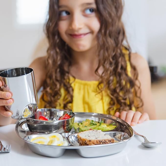 Ahimsa Stainless Steel Kids Plate, Pediatrician Designed Divided Toddler & Baby Plates, Non Toxic, Unbreakable & Dishwasher Safe, Polished