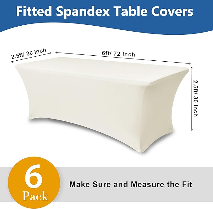 Spandex Table Cloths for 6 Foot Rectangle Tables-6 Pack Fitted Stretch Cream Table Covers-Elastic Folding Tablecloths for Party, Vendor Booth Display, Banquet Buffet Event, Craft Trade Show