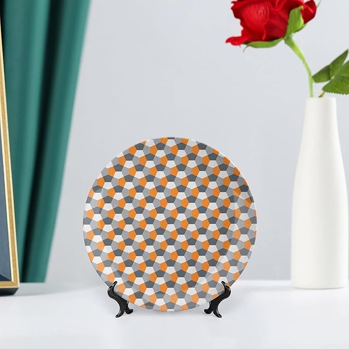 Decorative Plates, Abstract Print Ornament, Modern Style Mosaic Tile with Hexagonal Shapes, 8 Inch, Kitchen Wall Decor, Grey Charcoal Grey Orange