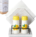 Rustic Farmhouse Napkin Holder Set - Natural Wood Kitchen Organizer with Lemon 2 Salt & Pepper Shakers for Countryside Dining & Minimalist Home Decor (Gift Ready)