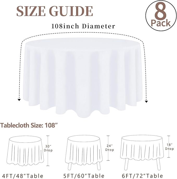 8 Pack Round Tablecloth 108 Inch White Table Cloth for Round Tables, Washable Polyester Tablecloth Stain and Wrinkle Resistant Decorative Table Cover for Wedding Party Dining Banquet