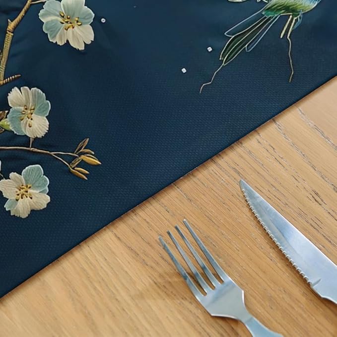 12"x18" Navy/Green Hummingbird Golden White Flowers Placemats Set of 4 Washable Thick Place Mats Kitchen Table Mats Decorative Linen Fabric Table Mat for Dining Table Kitchen Home Decor