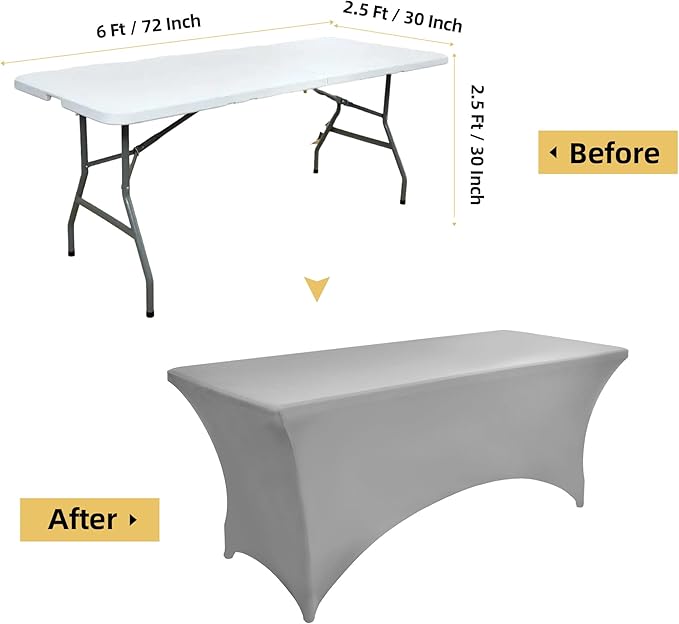 113 6-Pack 6ft Spandex Table Covers for Rectangle Standard Folding Tables - Wrinkle Resistant Stretch Tablecloths - Ultimate Fitted Table Protector for Parties, Banquet, and Wedding