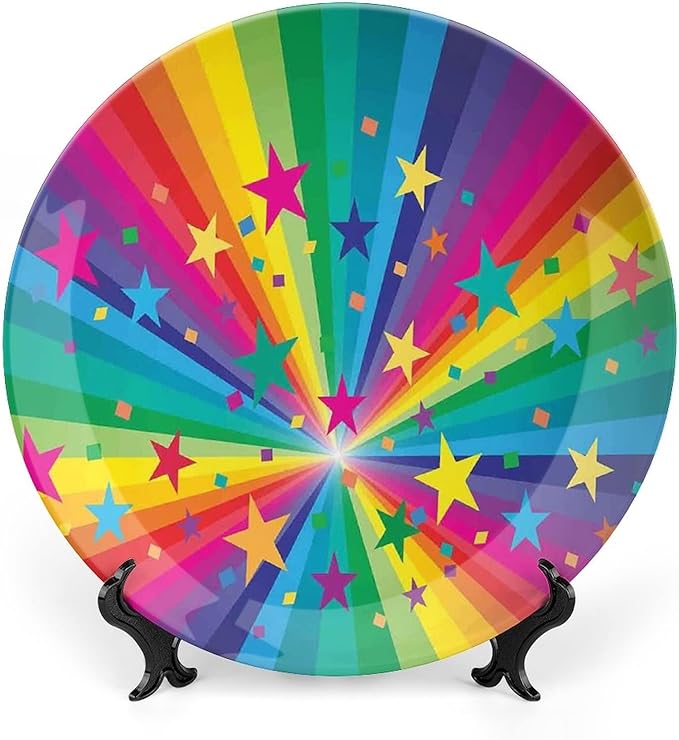 Decorative Plates, Abstract Decor Print Ornament, Abstract Rainbow and Stars Confetti Rays Striped, 8 Inch, Kitchen Wall Decor, Multy