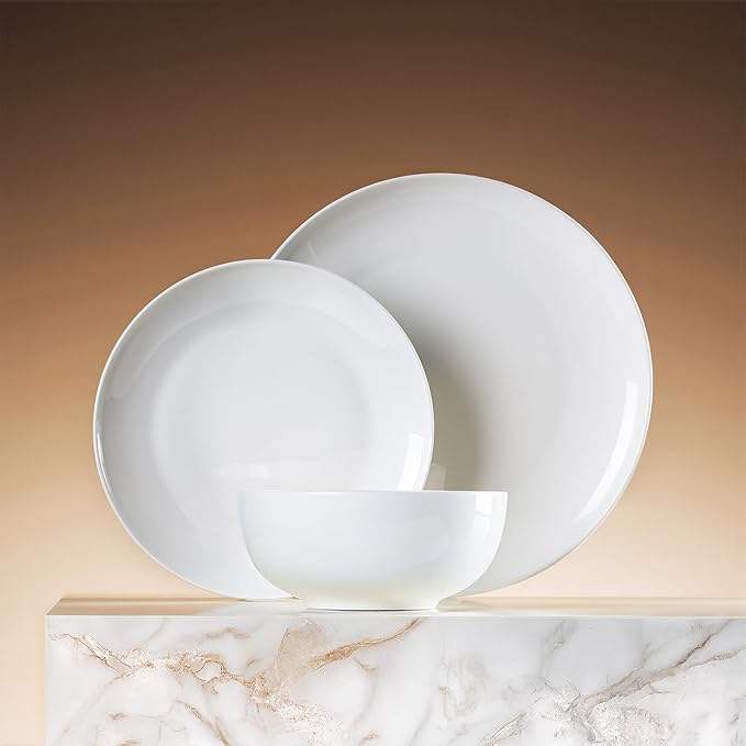 KINGSTONE 12-Piece Bone China Dinnerware Set for 4, Lightweight and Durable, Microwave and Dishwasher Safe, White Plates and Bowls for Everyday Use