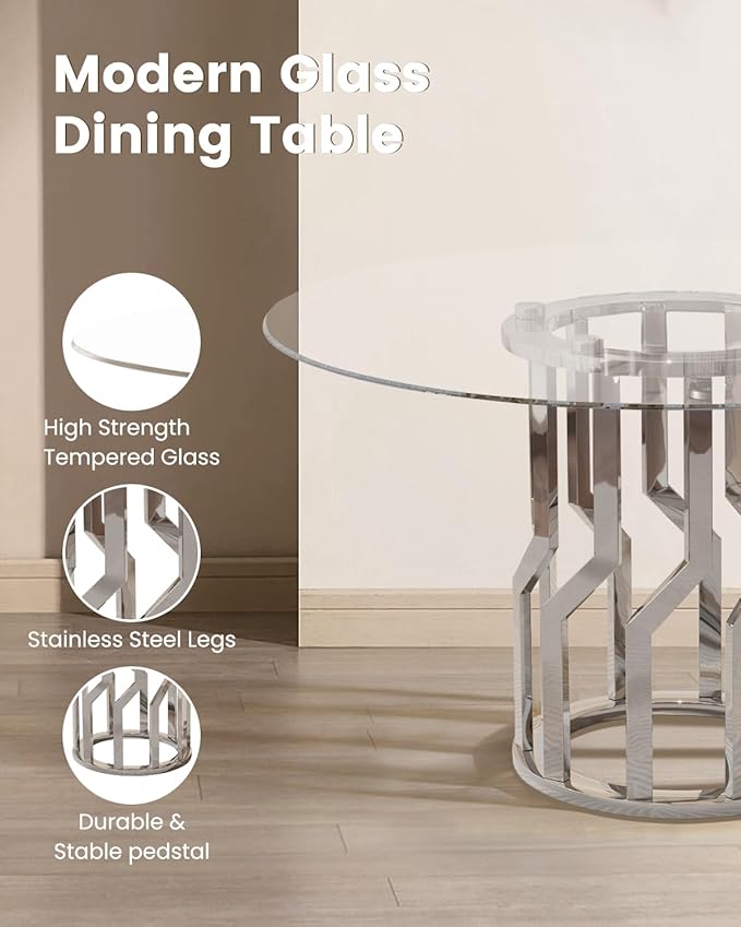 47.2" Round Glass Dining Table Set for 4, Modern 5 Piece Kitchen Table Set with Silver Stainless Steel Base & 4 PU Leather Accent Chairs, Saving Space, Dining Set for Apartment, Home - Black Chair